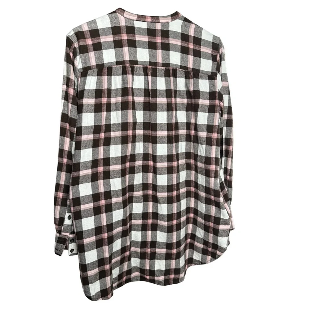 Lands' End Plaid Flannel Blouse | Brown Pink Ivory | Cotton | Medium